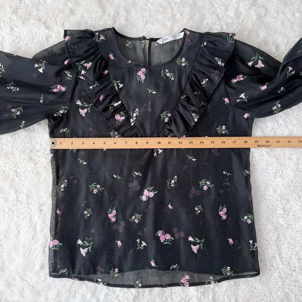 Zara Woman Black Sheer Embroidery Floral Ruffle Puff Sleeve Top SMALL Whimsigoth - Picture 7 of 9